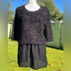 Multicolored sparkle fuzzy sweater. Holiday party. Black, purple, blue. Size L